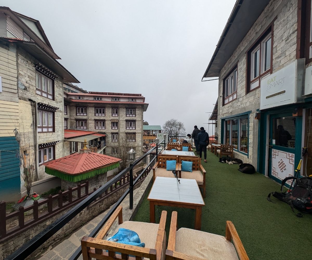 Trekkers walking past Namche cafés before starting the long descent to Lukla