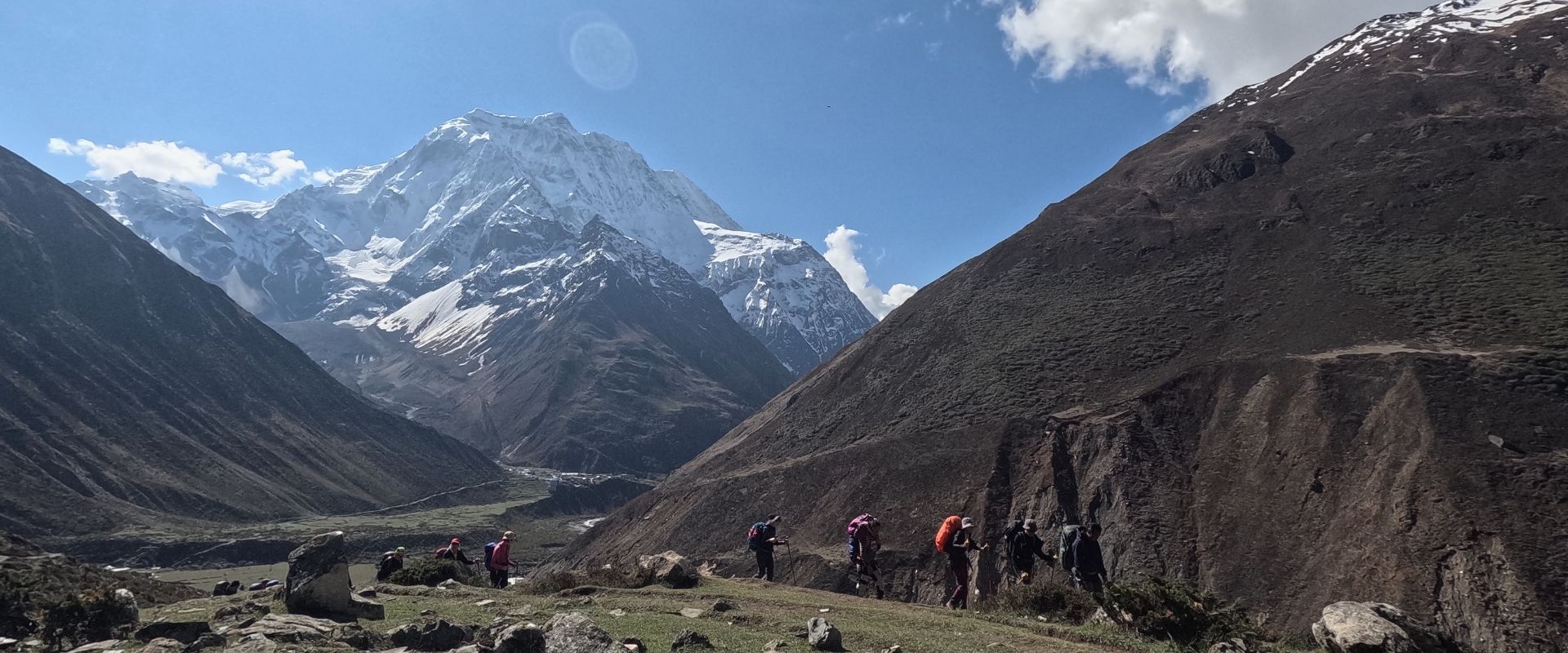 Trekking Nepal in november with mountain backdrop