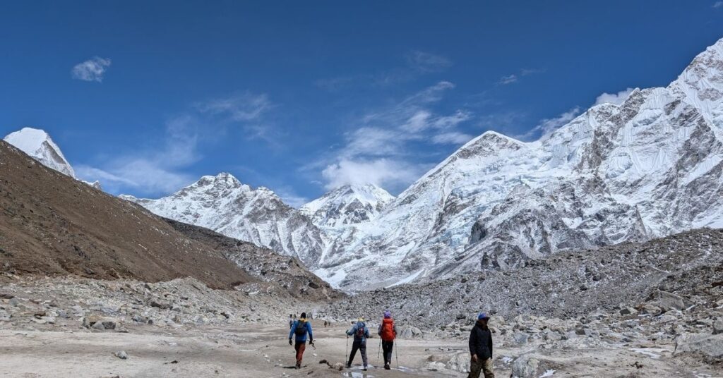 Trekking group walking toward Everest Base Camp