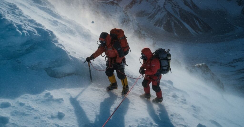 Two climbers ascending a steep icy slope on Mount Everest during a snowstorm