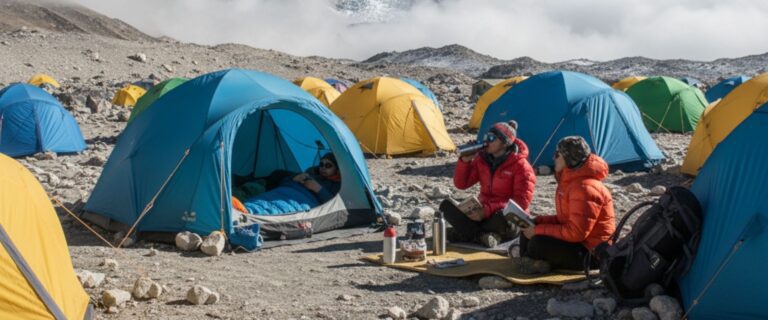 high altitude treks with colorful tents on base camp