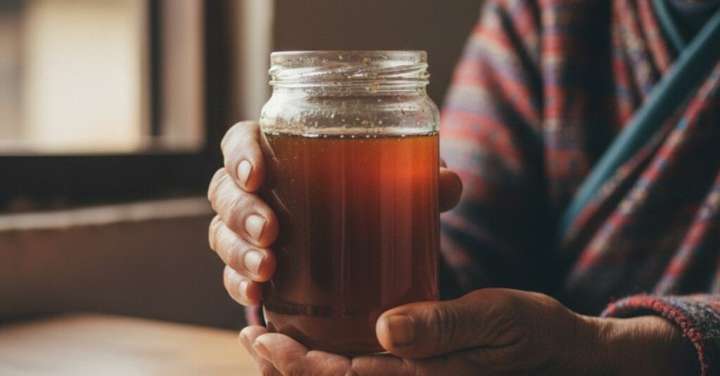 wrinkled hands holding glass jar of reddish-brown honey