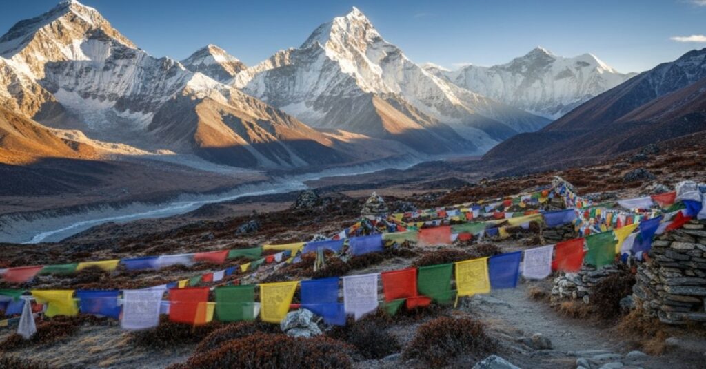 Autumn season in the Everest region with golden sunlight