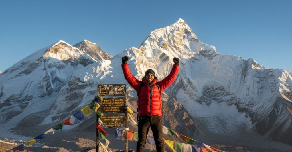 Hiker standing with arms raised at Kala Patthar summit signboard