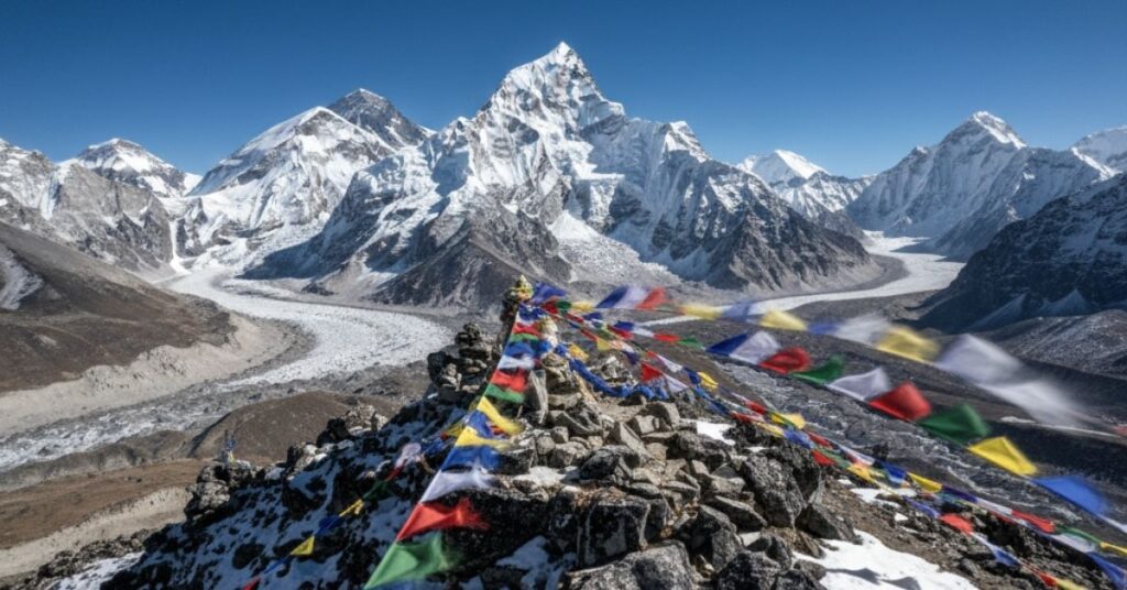 Panoramic aerial view of Kala Patthar peak, Everest and Lhotse in background