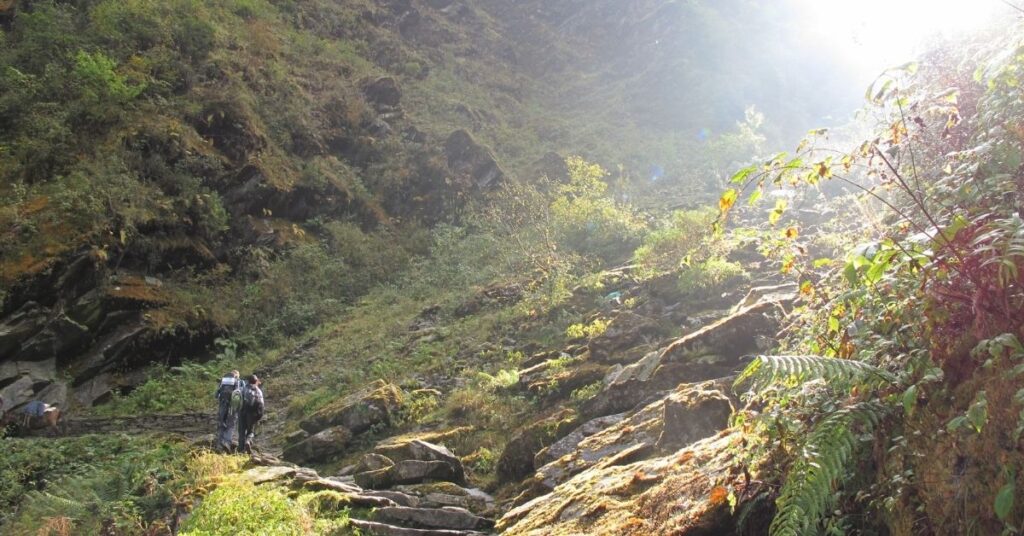 Sunlit Everest trail with trekkers ascending steps