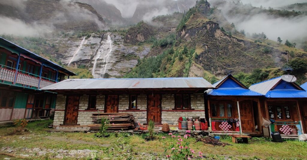 Teahouse accommodation with waterfall views on the Manaslu trek