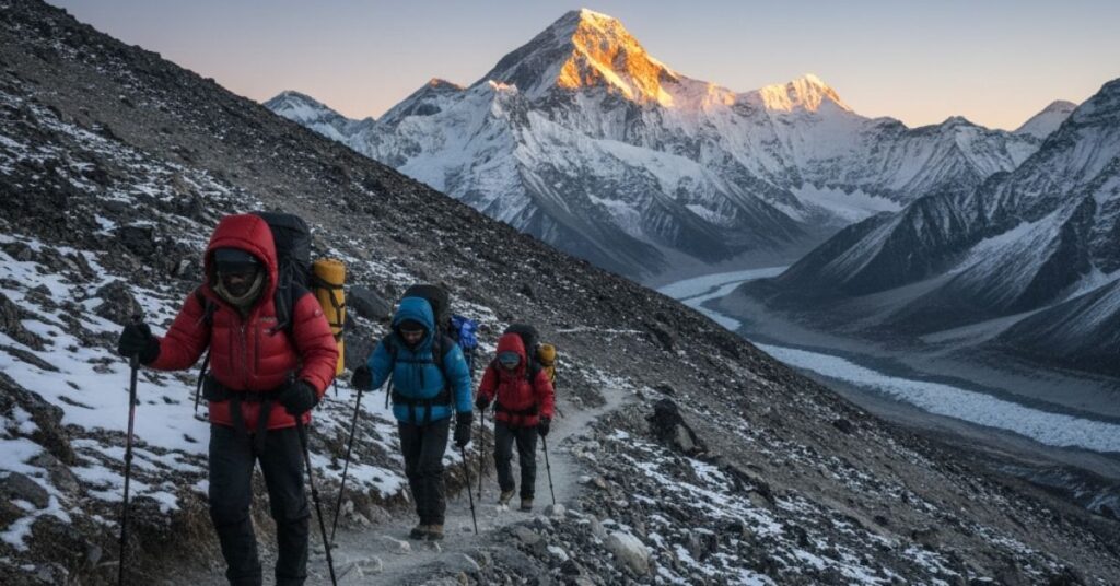Trekkers hiking the final ascent to Kala Patthar