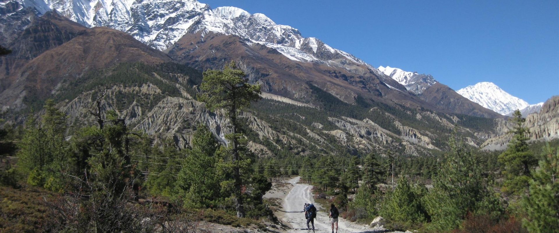 trekkers walking along a mountain trail in the Annapurna region