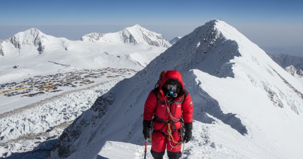 Climber in red down suit ascending a snowy ridge above base camp