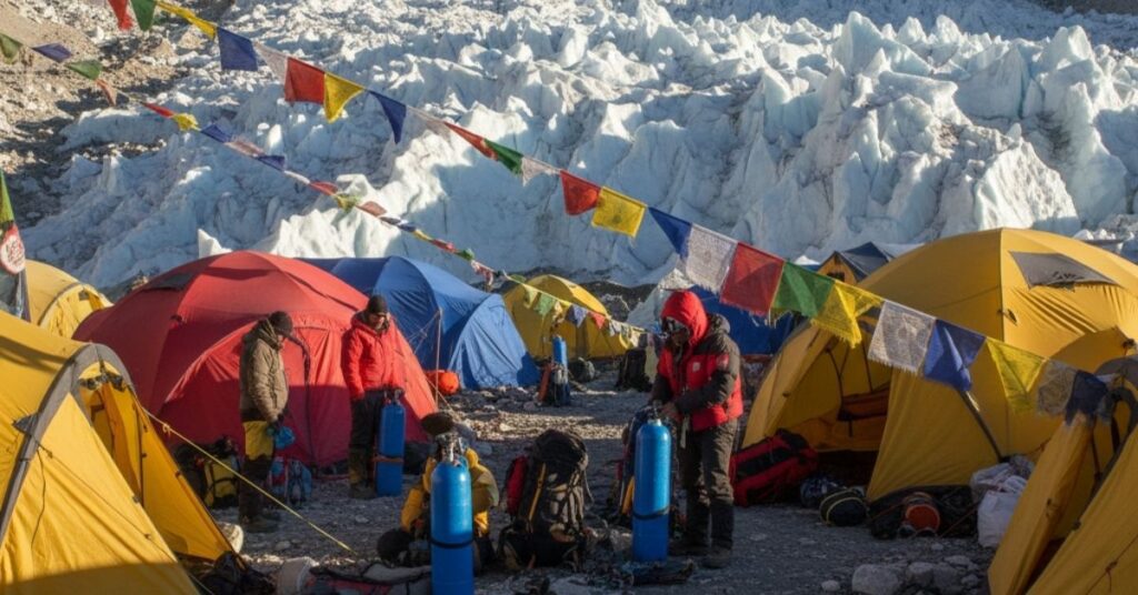 Climbers preparing oxygen cylinders at Everest Base Camp near the Khumbu Glacier