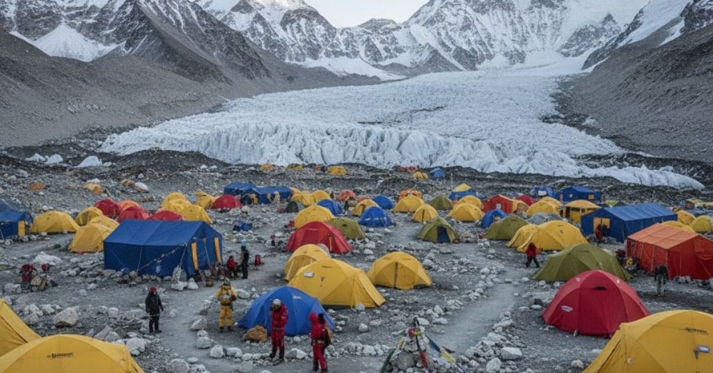 Everest Base Camp filled with colorful expedition tents below the Khumbu Icefall