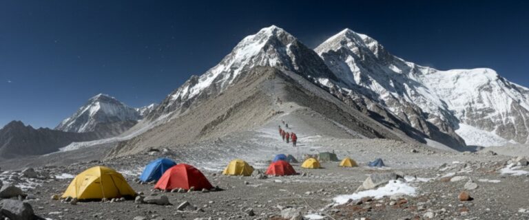 High-altitude expedition tents set on rocky terrain with Everest peaks in the background